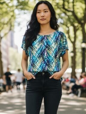 I.N. Studio Abstract Print Top Medium Teal Flutter Sleeves Scoop Neck